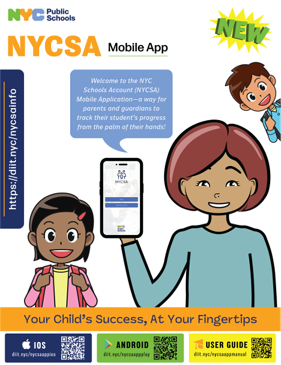 Picture of a smiling mother and excited children. Mother has installed the new NYCSA app on her phone. Caption: 