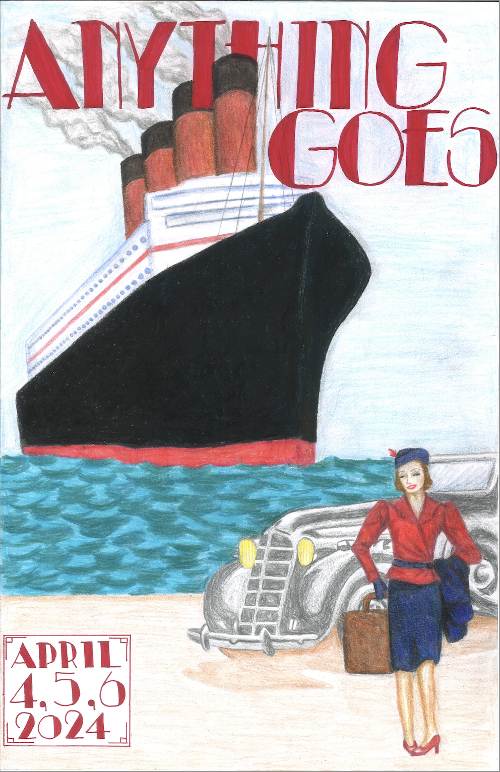 Anything Goes Poster depicting a vintage ocean liner in the distance with its smoke stacks billowing. In the foreground a classic 1930s car is parked on the beach while a well-dressed woman with a bag and a coat awaits an adventure.